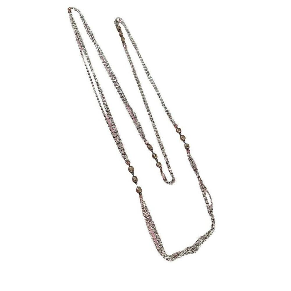 Vintage 55" Three Strand Beaded Necklace Silver Tone Chain Champagne Beads